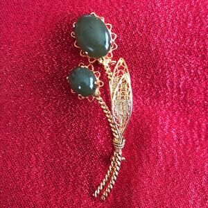 Vintage Green & Gold Tone Floral Lapel Brooch Pin